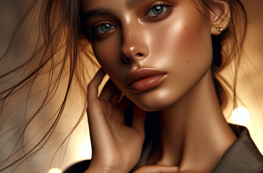 A woman with an elegantly styled appearance, highlighted by soft lighting and bokeh effects in the background.