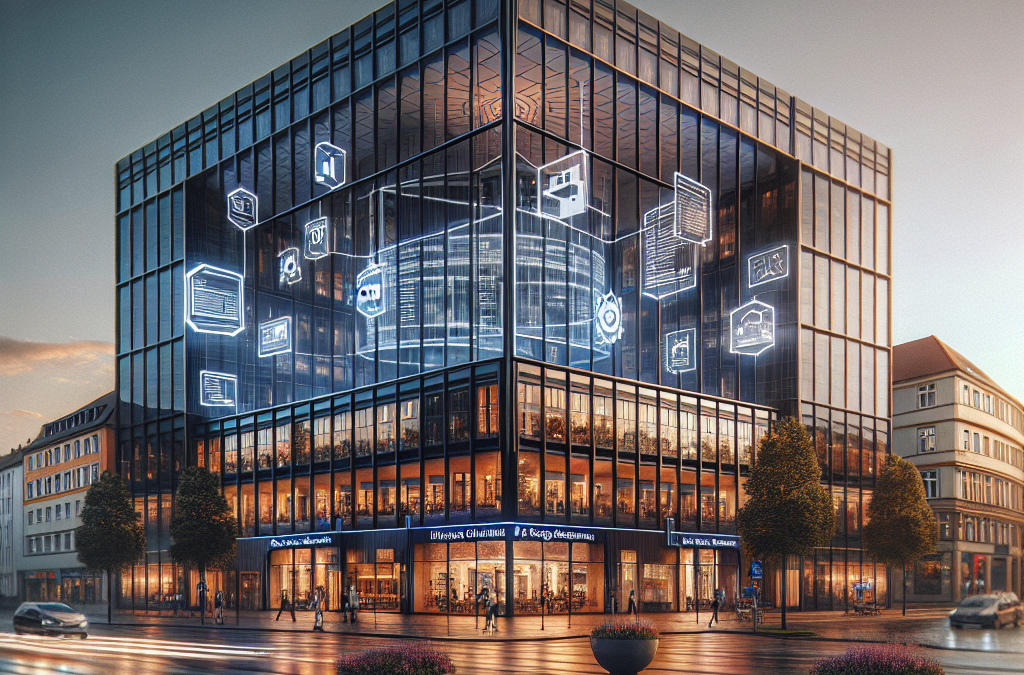 A modern glass building with digital icons projected on its façade. The street in front features a few cars and pedestrians, with a warm street lighting ambiance.