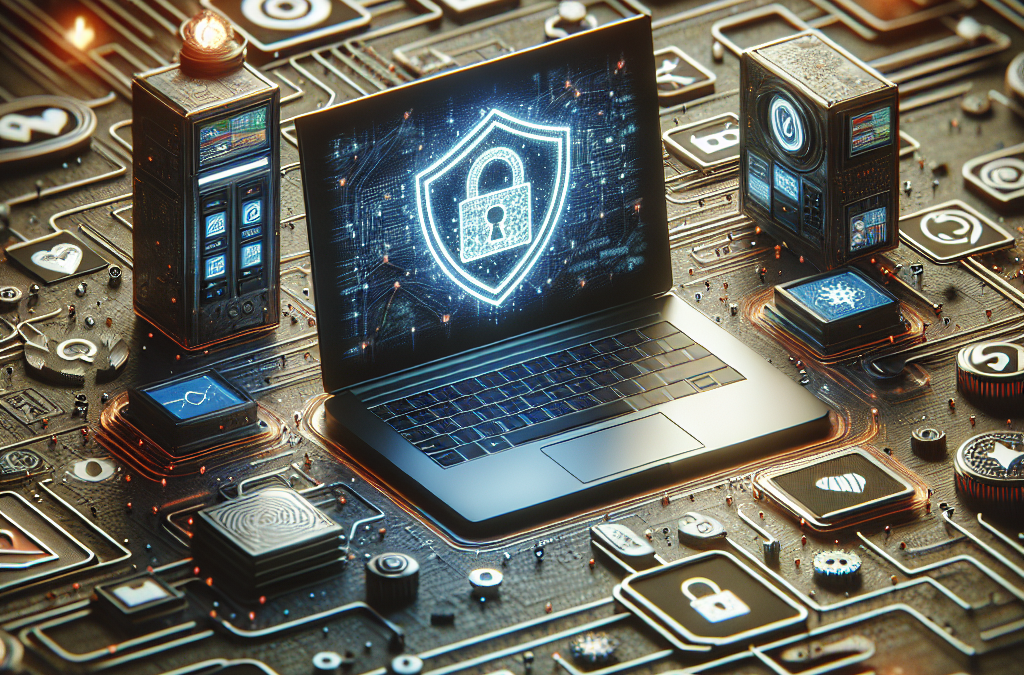 A laptop with a digital lock icon on its screen is surrounded by futuristic technology elements and circuit patterns representing cybersecurity.