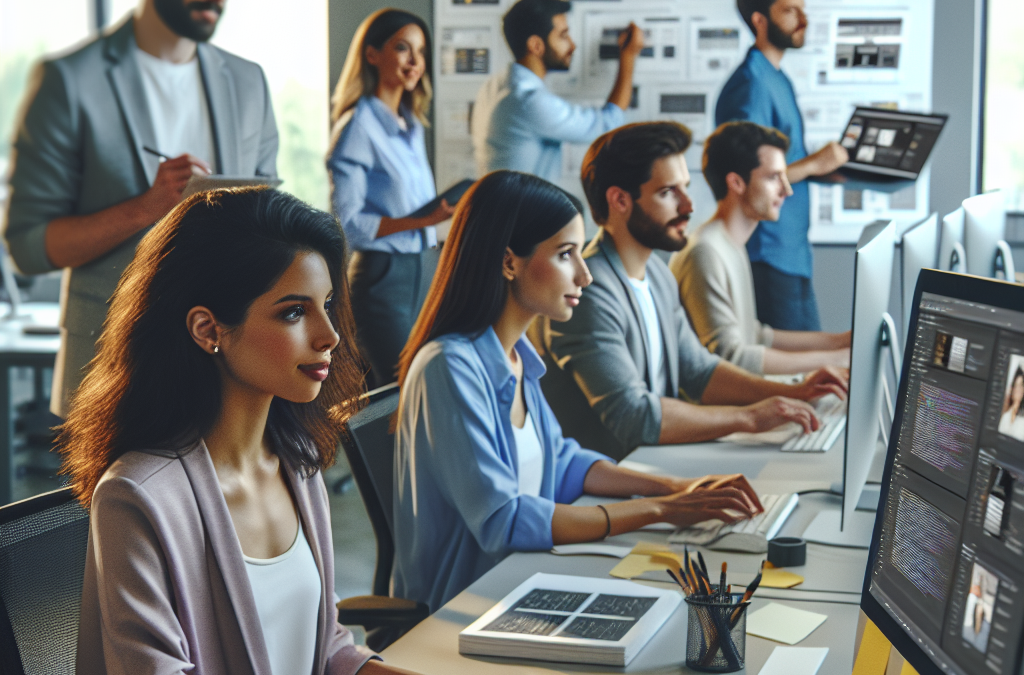A group of people working in a modern office environment. Some are seated at desks with computers, while others are standing near a wall with charts and notes.