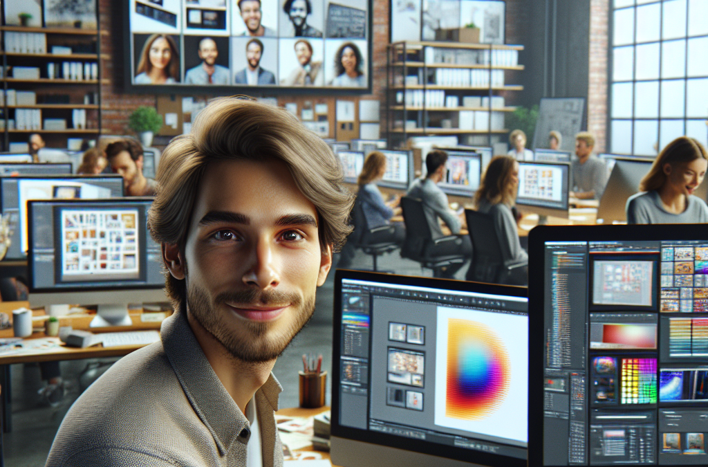 A man in a modern office setting with other people working at desks. Multiple computer monitors display design and editing software. A large screen on the wall shows a video call with several individuals.