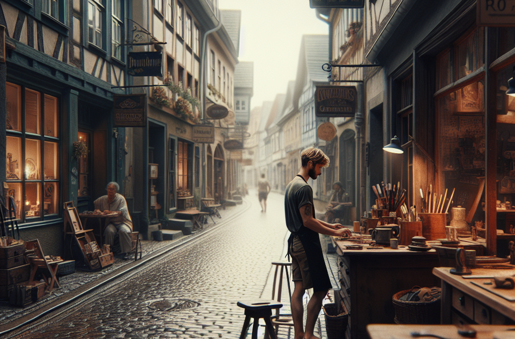 A cobblestone street in a historic town lined with shops. A craftsman works at a wooden workbench outside, surrounded by tools. Other people are seen in the background, and the street is adorned with hanging signs.