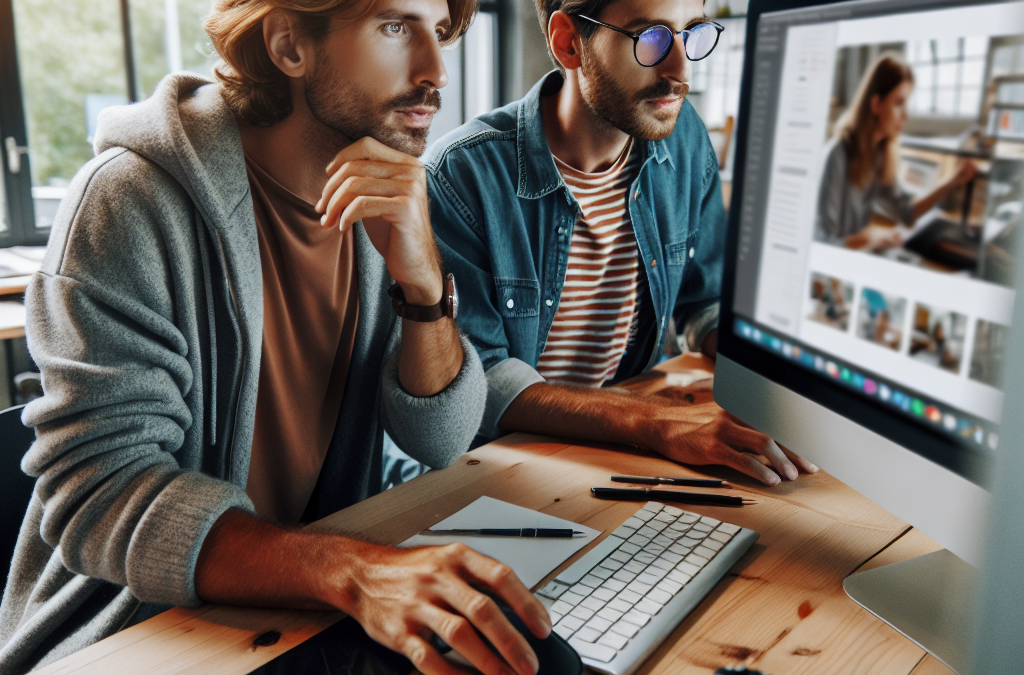 Two men working at a computer, focused on the screen in a modern office setting.