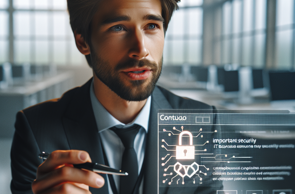 A man in a suit is pointing at a transparent digital screen displaying a security lock icon and text about security. He's in a modern office environment.