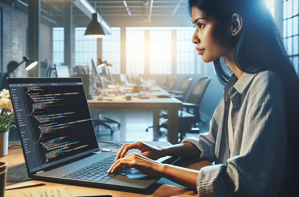 A woman is working on a laptop with code on the screen, in a dimly lit modern office. She is focused, and there are notebooks and a smartphone on the desk.