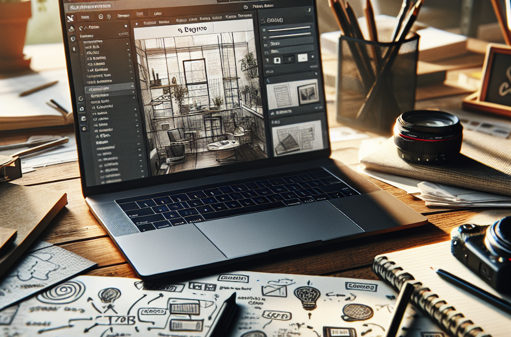 A laptop displaying interior design software on a cluttered desk with sketches, notebooks, pens, and a camera lens. The sunlight streams through creating a warm ambiance.