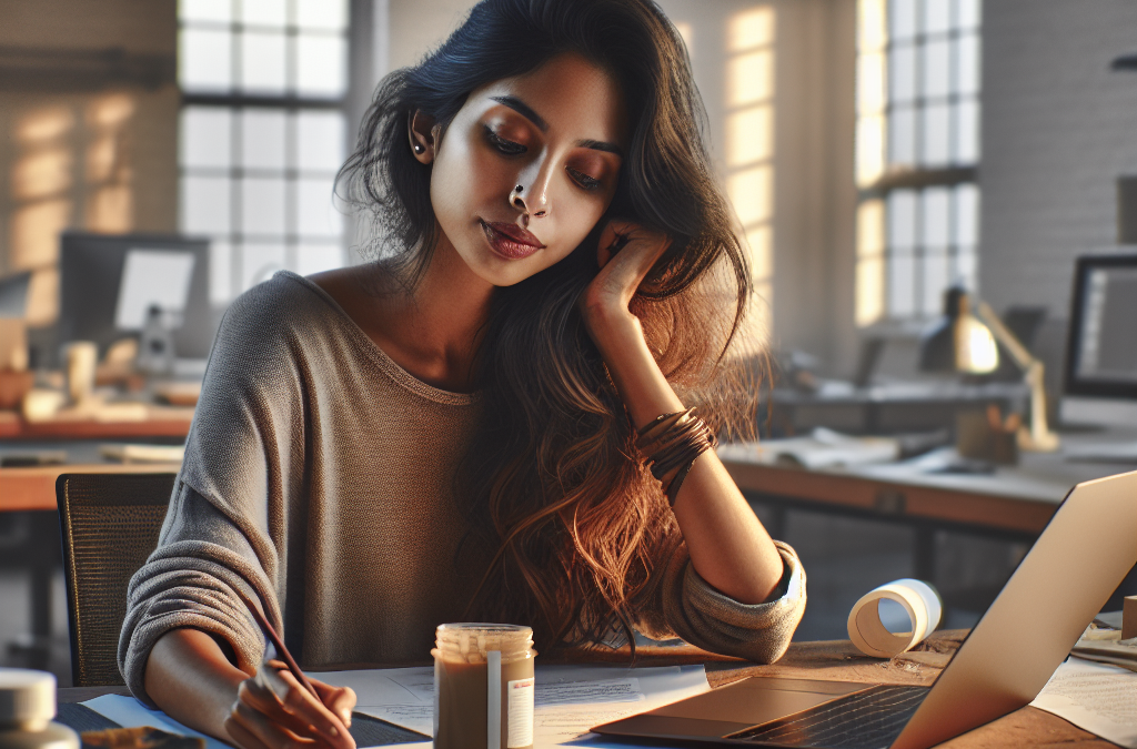A woman with long hair is sitting at a desk, writing on papers with a pen. She appears thoughtful, surrounded by a laptop, documents, and various office items in a softly lit workspace.
