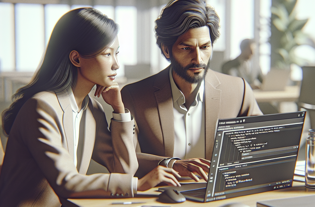 A man and a woman in business attire are working together at a desk in an office. They are focused on a laptop screen displaying programming code.