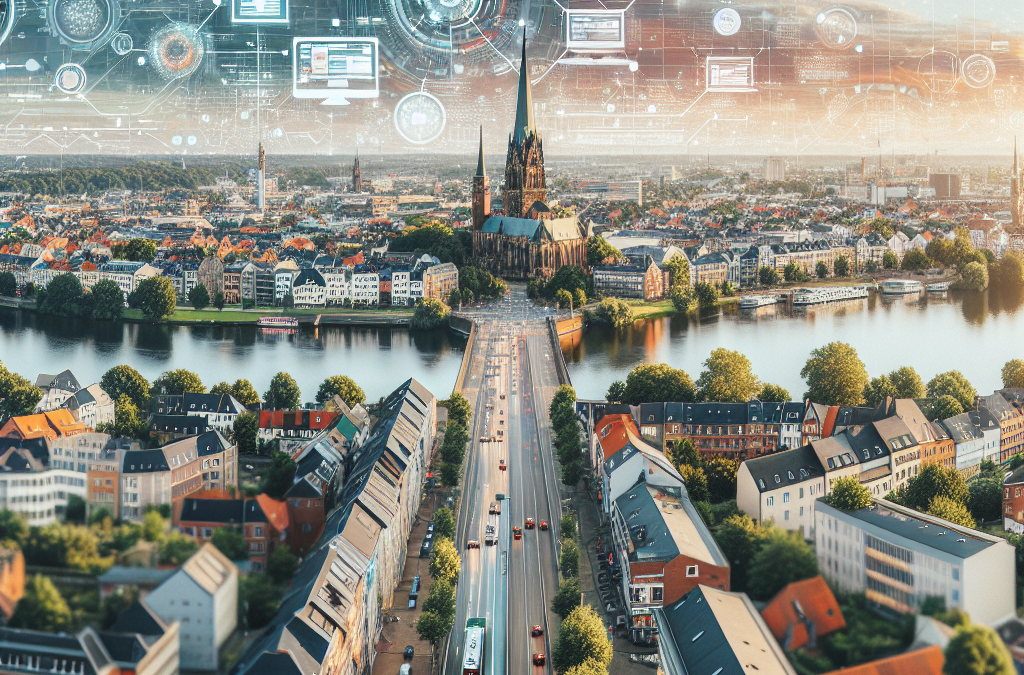 Aerial view of a city with a long, straight road leading to a large cathedral. The scene includes cars and buses on the road, surrounded by colorful buildings and a river. Digital interface graphics overlay the skyline, suggesting a blend of urban environment and technology.