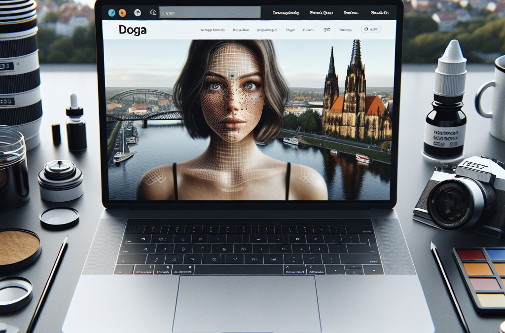 A laptop with an image of a woman and a cityscape is on a desk surrounded by camera lenses, art supplies, and a coffee cup.