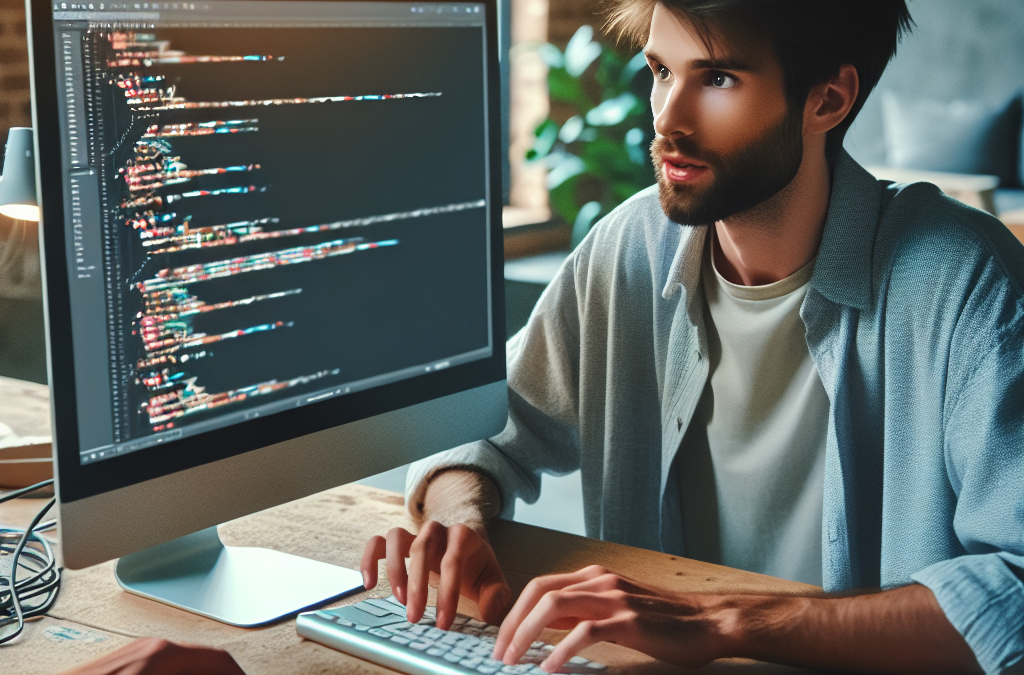 A person coding on a computer in a well-lit workspace, with a focus on the monitor displaying code and their attentive expression.