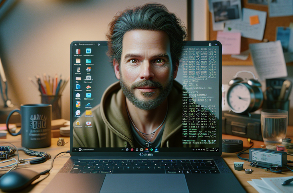 A laptop on a cluttered desk displaying a detailed digital portrait of a man on its screen. The background includes various desk items like a mug, eyeglasses, and an alarm clock.