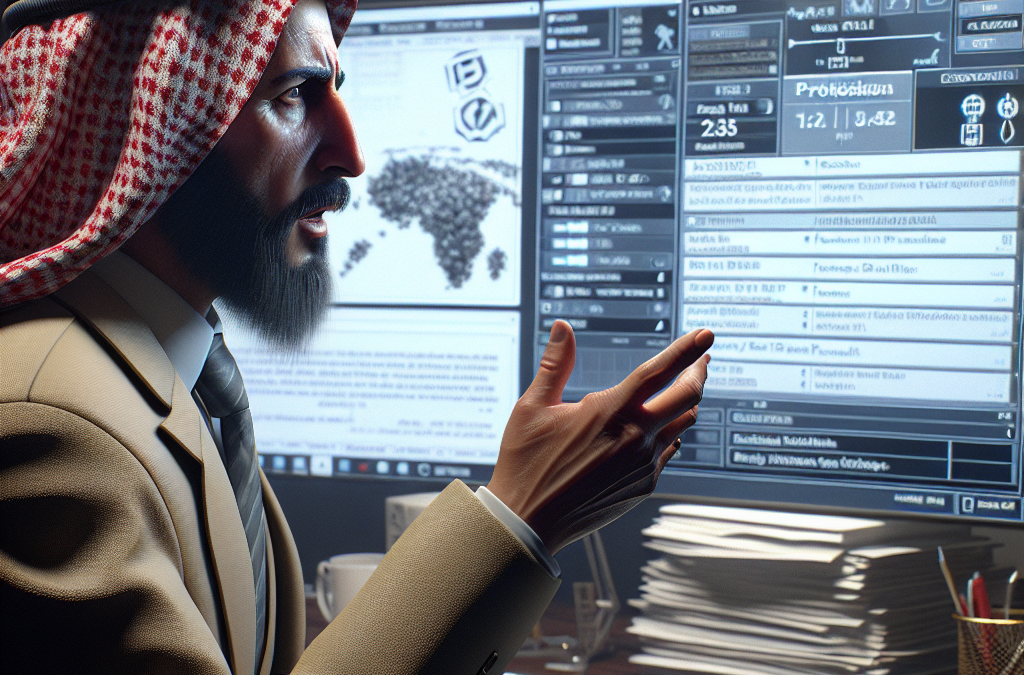 A man in traditional Middle Eastern attire is sitting in front of multiple computer screens displaying data and graphics, gesturing as if explaining something. The background shows a dimly lit office with various documents and office supplies.