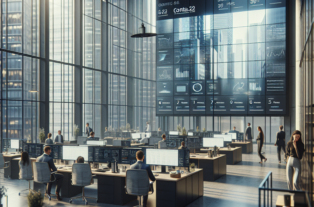 A modern office with large windows and numerous desks, where people are working on computers. A giant screen displays data and charts on one wall.