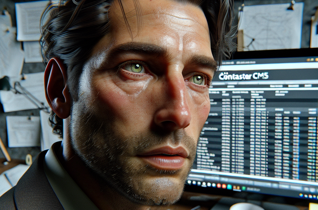 A hyper-realistic 3D rendering of a man with wavy hair and facial stubble is seen close-up, with an expression of contemplation. Behind him, a computer screen displays data and the words "Contaster CMS," and a desk with papers and a mug is visible.
