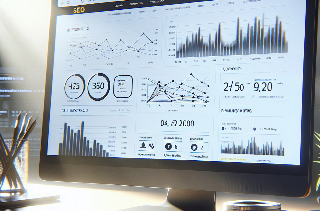 A computer monitor displaying an SEO analytics dashboard with various charts, graphs, and metrics. The surrounding area includes a keyboard, mouse, and office supplies in a well-lit workspace.