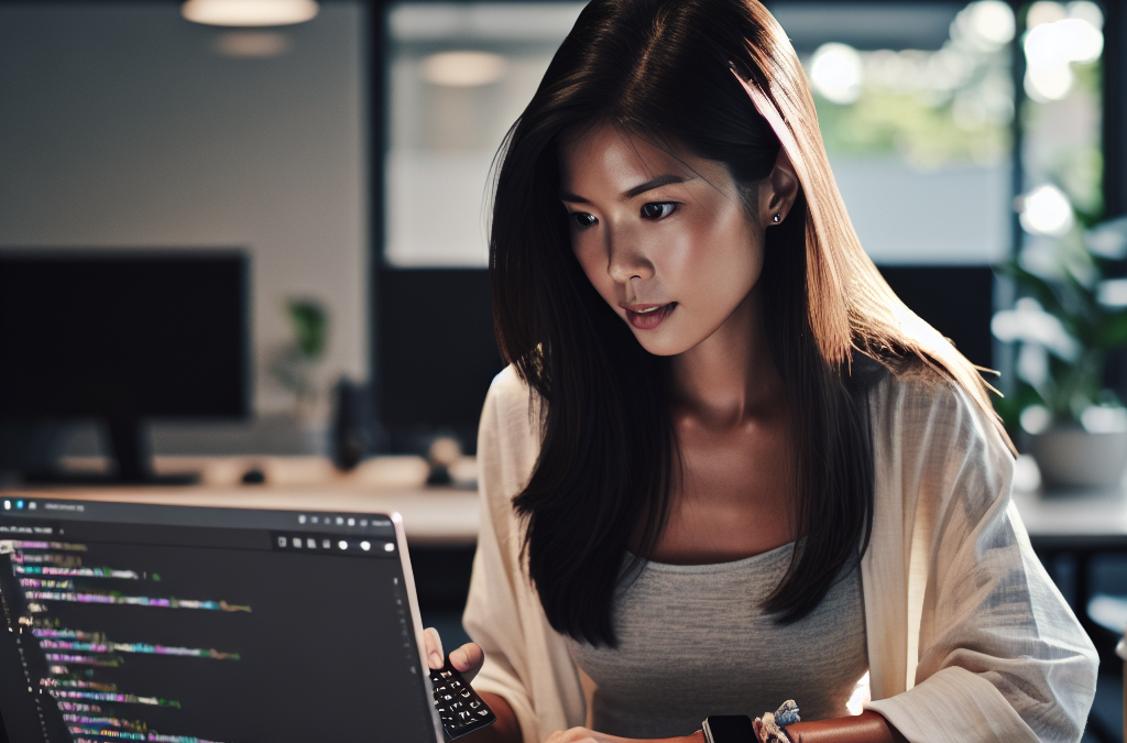 A woman in a modern office setting is working on a laptop with code displayed on the screen. She's holding a calculator and has a notebook and smartphone nearby.