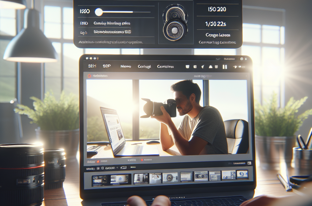 A person using a laptop displaying a photography editing program, with a man holding a camera visible on the screen. The scene is set in a well-lit room with camera lenses on the table.