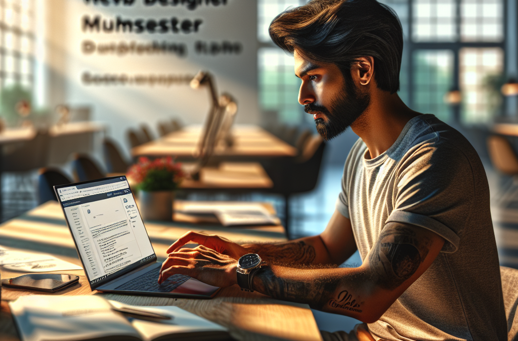 A man with tattoos is sitting at a desk, focused on his laptop in a modern workspace. The background has blurred text on a wall.
