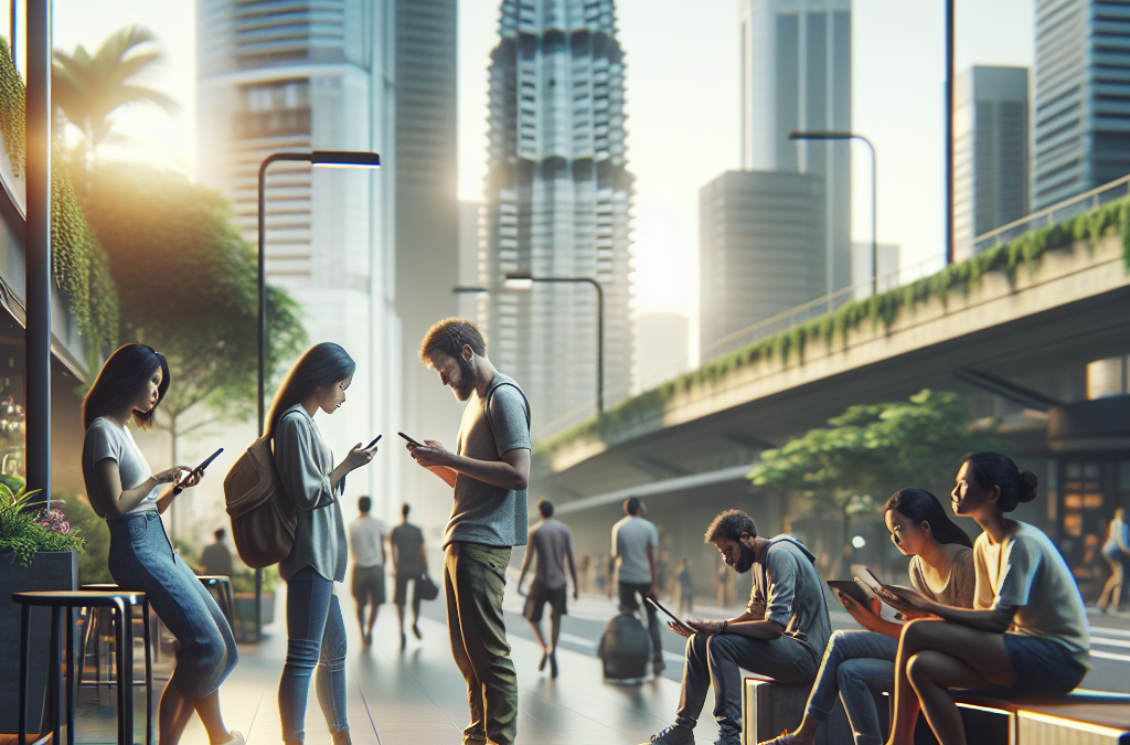 A group of people in a modern city are absorbed in their smartphones and tablets. Skyscrapers and urban greenery are visible in the background.