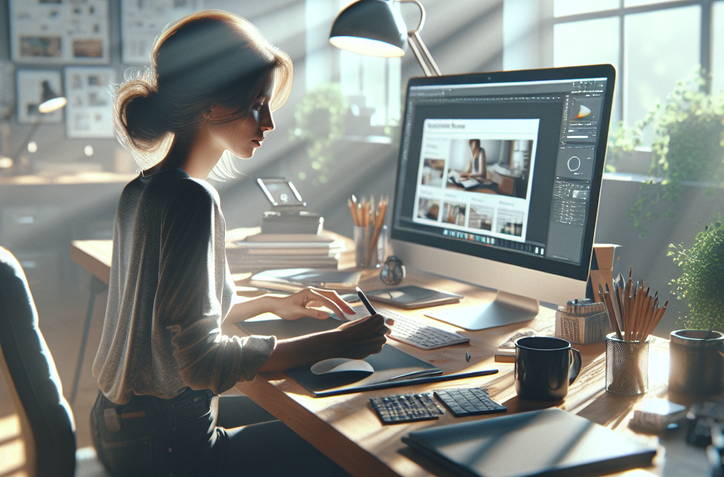 A person working at a desk using a computer, surrounded by stationery and plants, in a sunlit office.