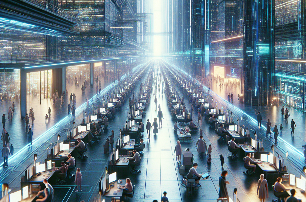 Futuristic office space with many people working at computer desks, surrounded by towering digital screens and high-tech architecture.