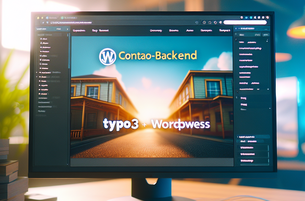 A computer monitor displaying an interface with text "Contao-Backend" and "typo3 + Wordpress" over an image of a Western-style street.