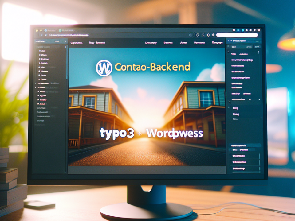 A computer monitor displaying an interface with text "Contao-Backend" and "typo3 + WordPress" over an image of a Western-style street.