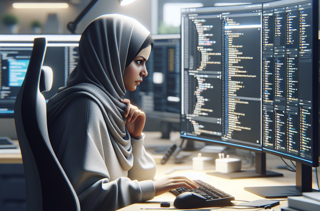 A woman wearing a hijab is working at a computer desk, focused on multiple monitors displaying code. The workspace is modern and well-lit, with a lamp above her and various office items scattered around.