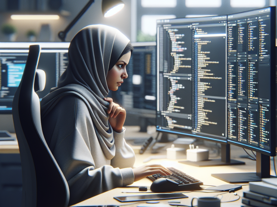 A woman wearing a hijab is working at a computer desk, focused on multiple monitors displaying code. The workspace is modern and well-lit, with a lamp above her and various office items scattered around.
