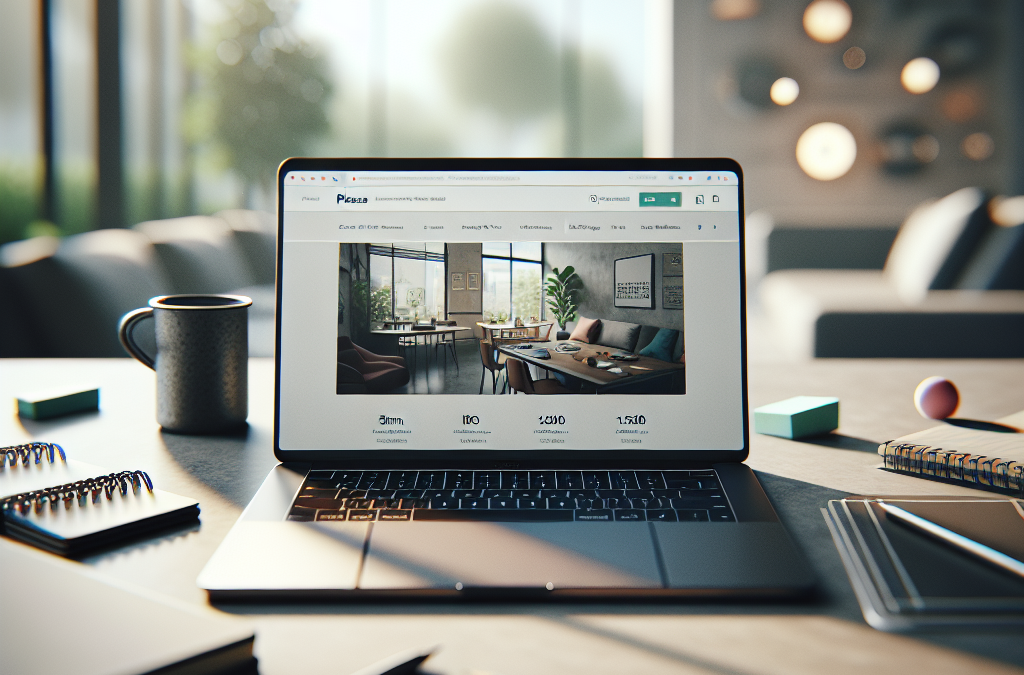 A laptop on a desk displaying a website with an interior design image. The setting includes various office supplies, notebooks, pens, and a cup, with a blurred modern office background.