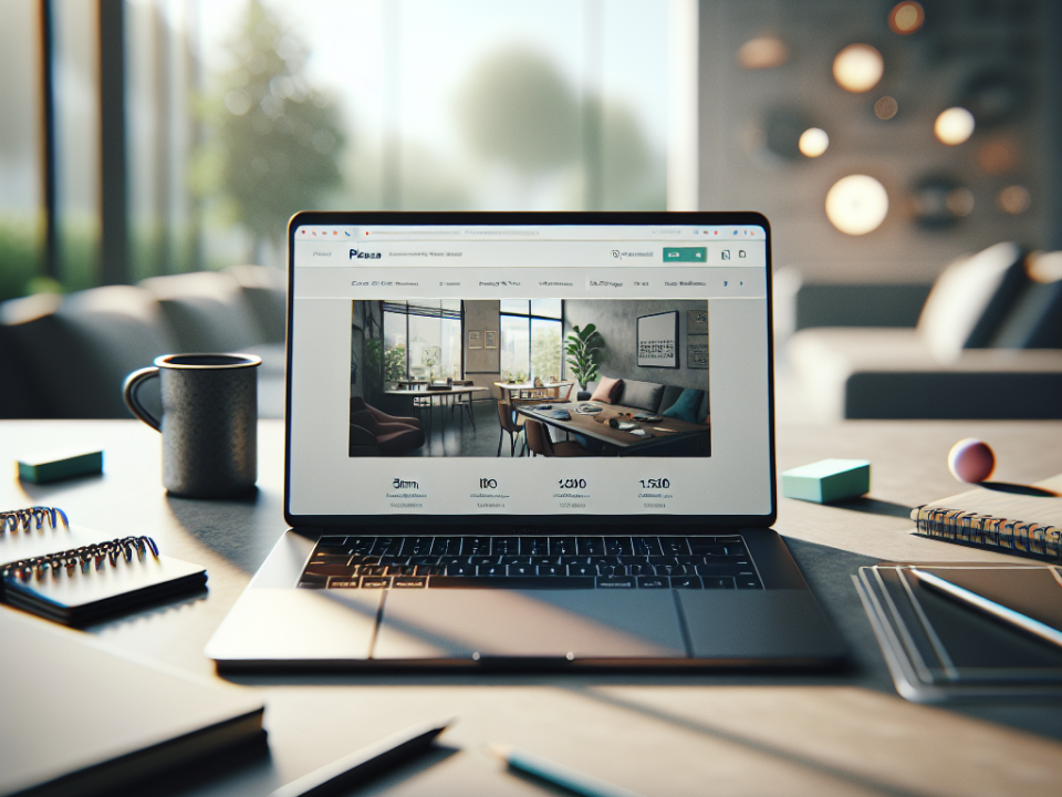 A laptop on a desk displaying a website with an interior design image. The setting includes various office supplies, notebooks, pens, and a cup, with a blurred modern office background.
