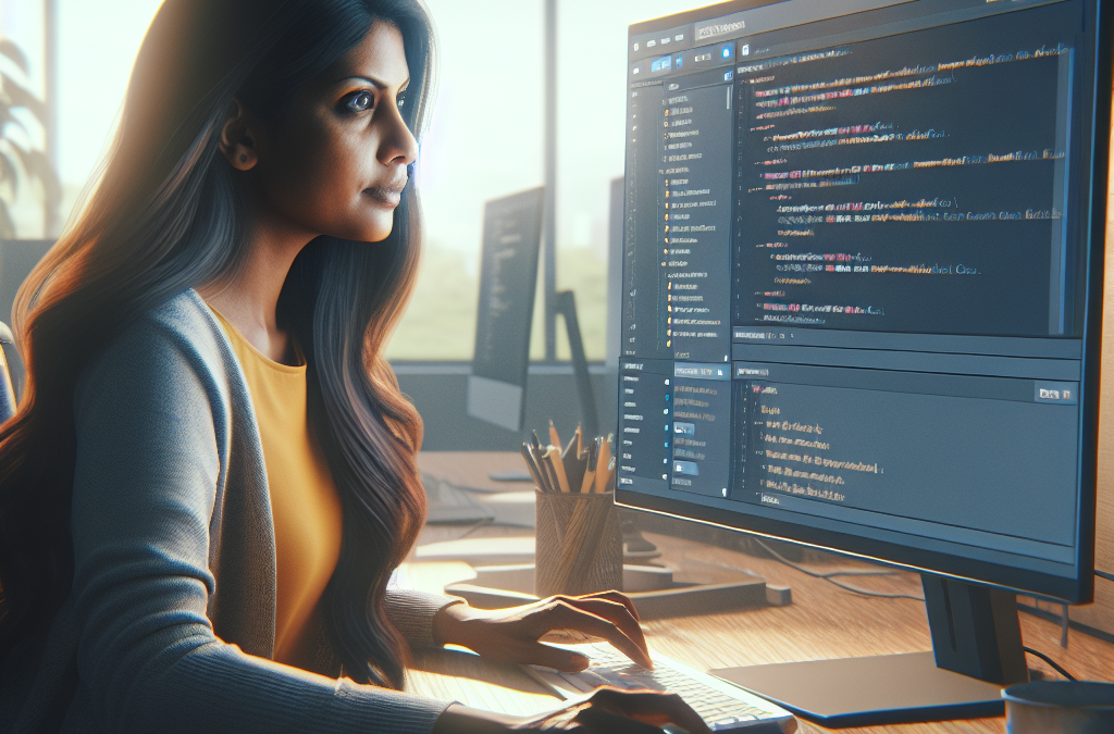 A woman is focused on a computer screen displaying lines of code in an office setting.