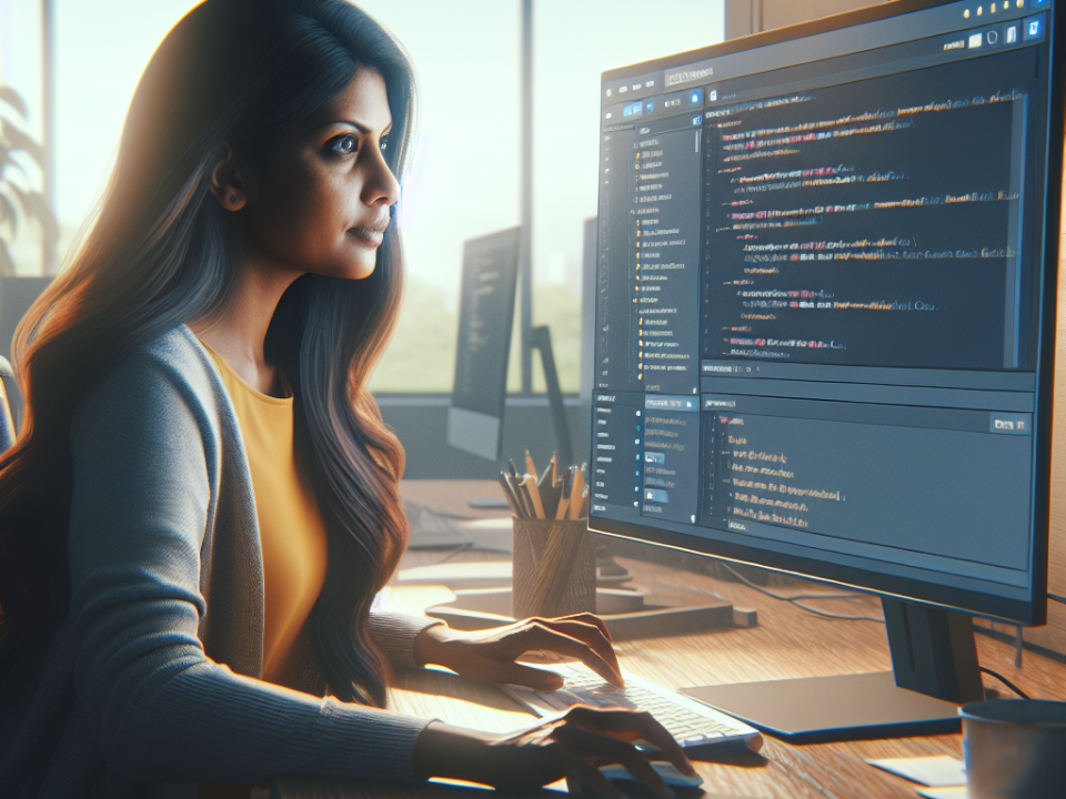 A woman is focused on a computer screen displaying lines of code in an office setting.