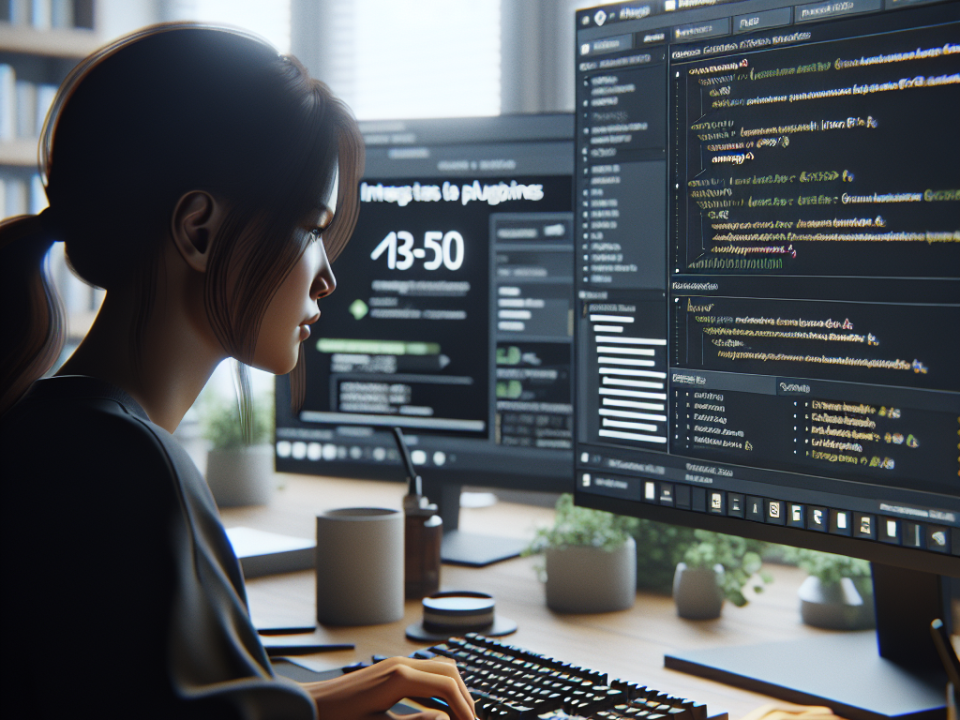 A person sitting at a desk, focused on coding with multiple computer monitors displaying code and data analytics in a modern office setting.