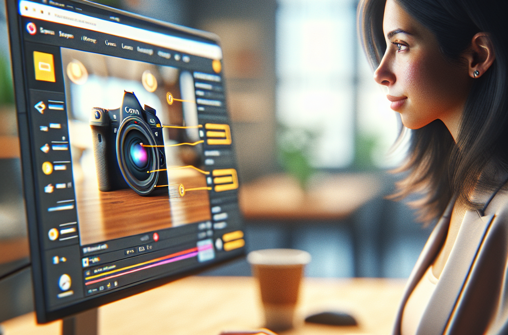 A woman is using a computer with an editing software open, showcasing a camera image on the screen. The background is softly blurred, with warm lighting and a coffee cup on the desk.