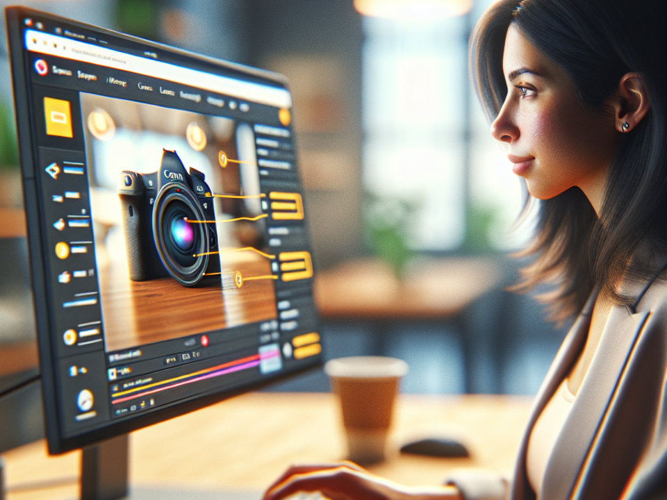 A woman is using a computer with an editing software open, showcasing a camera image on the screen. The background is softly blurred, with warm lighting and a coffee cup on the desk.