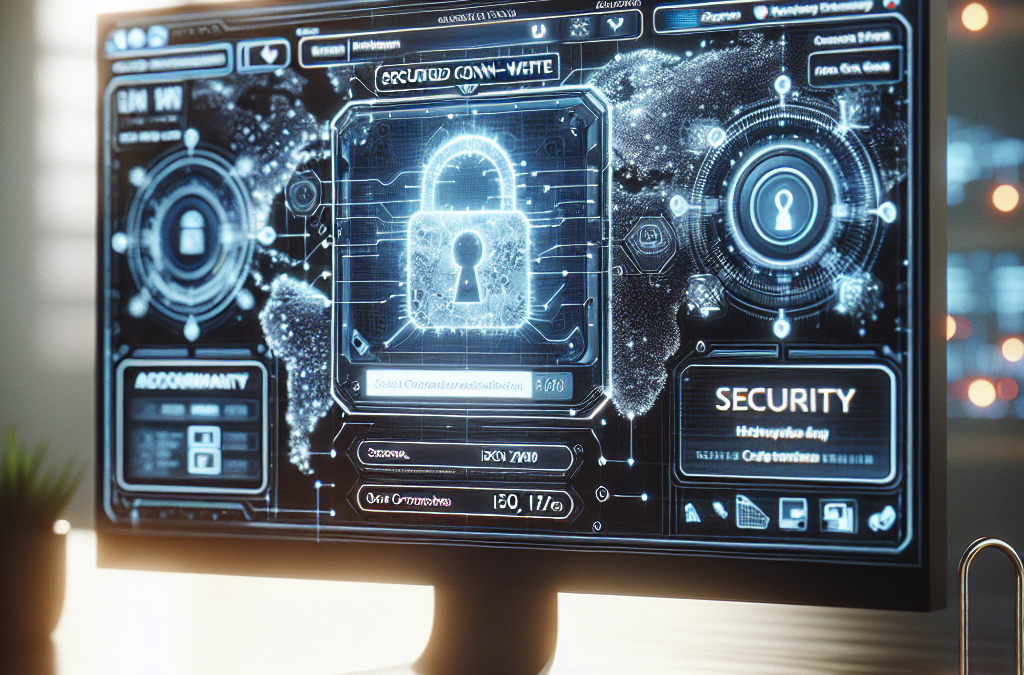 Computer monitor displaying a digital security interface with a lock icon, futuristic graphics, and security-related text.