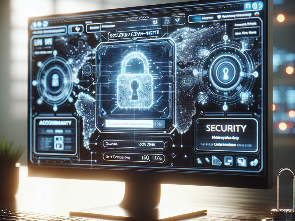 Computer monitor displaying a digital security interface with a lock icon, futuristic graphics, and security-related text.