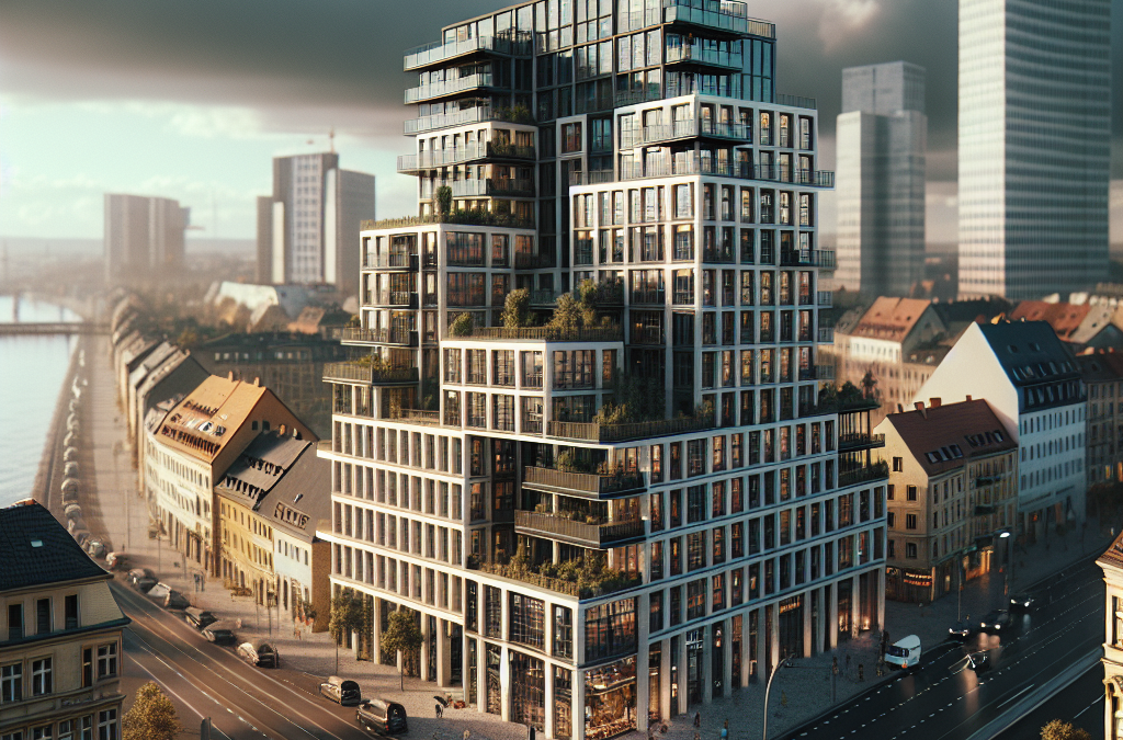 A modern multi-tiered building in an urban setting, surrounded by streets, other buildings, and a waterfront. The architecture features numerous windows and balconies with greenery.