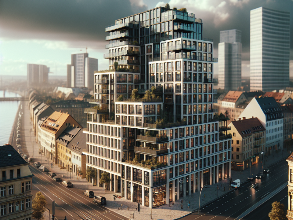 A modern multi-tiered building in an urban setting, surrounded by streets, other buildings, and a waterfront. The architecture features numerous windows and balconies with greenery.