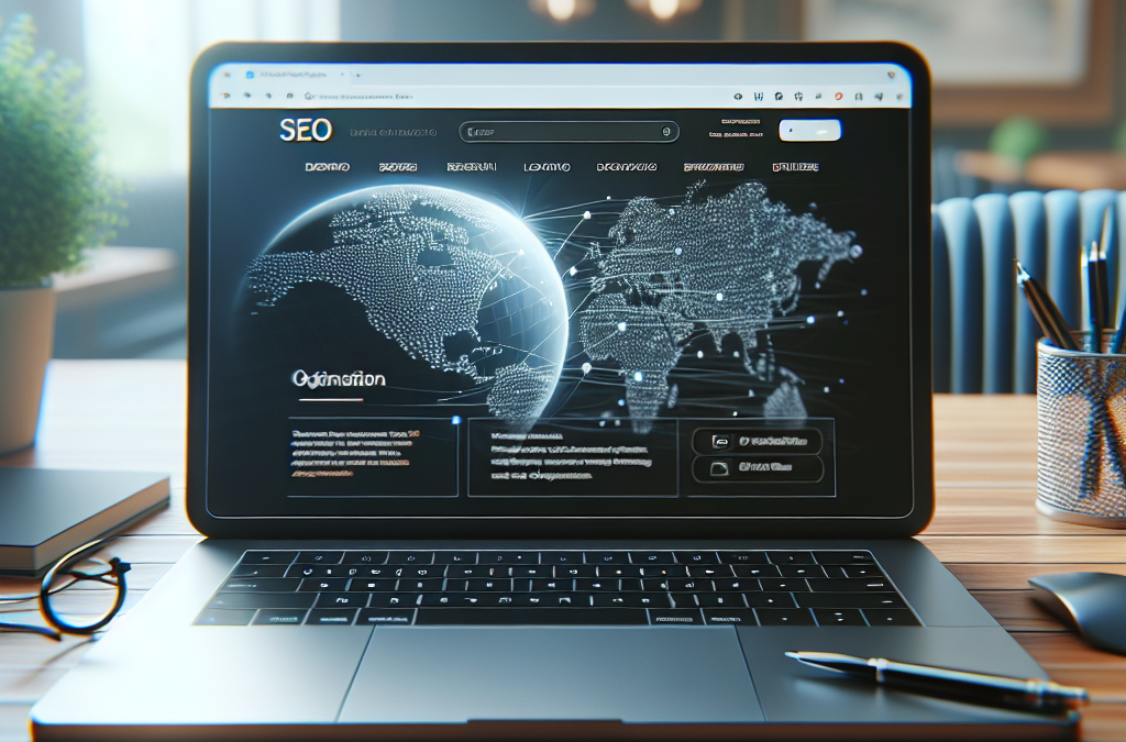 A laptop on a desk displaying a screen with a world map and the text "SEO" and "Optimization." The room is softly lit, with a plant and office supplies nearby.