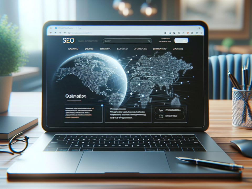 A laptop on a desk displaying a screen with a world map and the text "SEO" and "Optimization." The room is softly lit, with a plant and office supplies nearby.