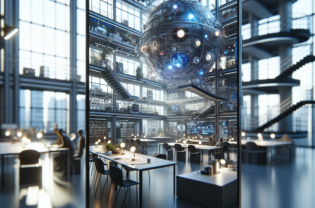 A modern, futuristic workspace with tables, chairs, and computers. A large digital screen displays a sci-fi environment featuring a suspended, intricate spherical structure. The setting is well-lit with large windows and visible staircases.