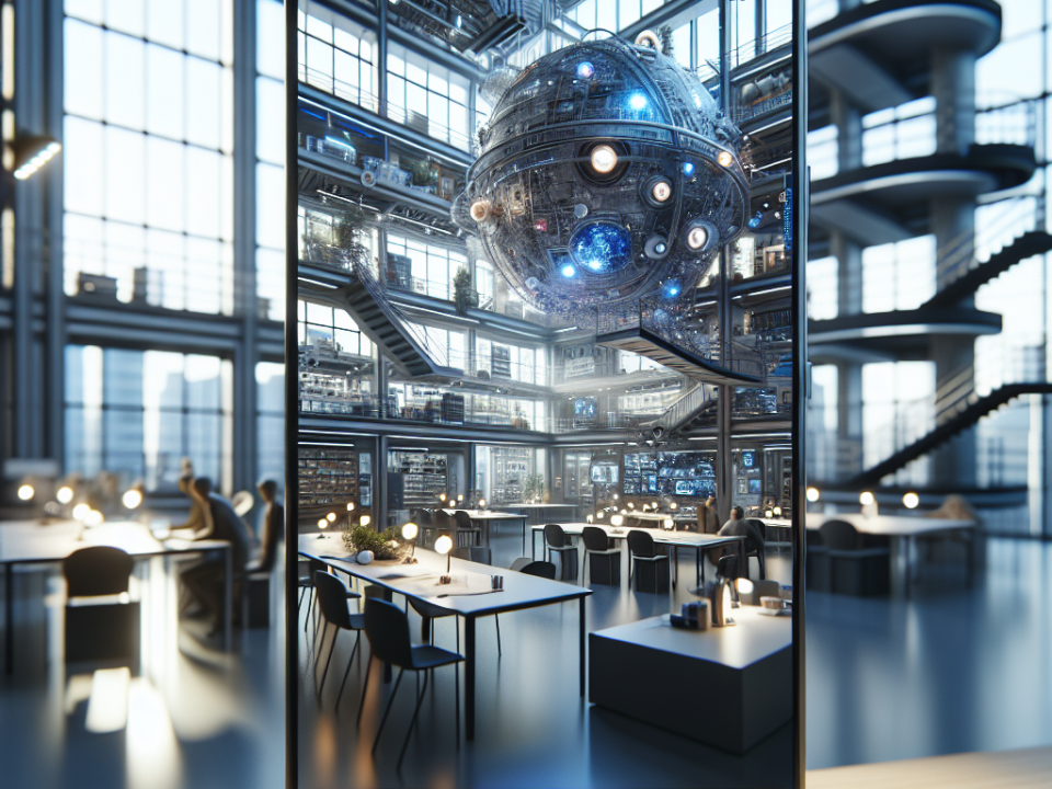 A modern, futuristic workspace with tables, chairs, and computers. A large digital screen displays a sci-fi environment featuring a suspended, intricate spherical structure. The setting is well-lit with large windows and visible staircases.