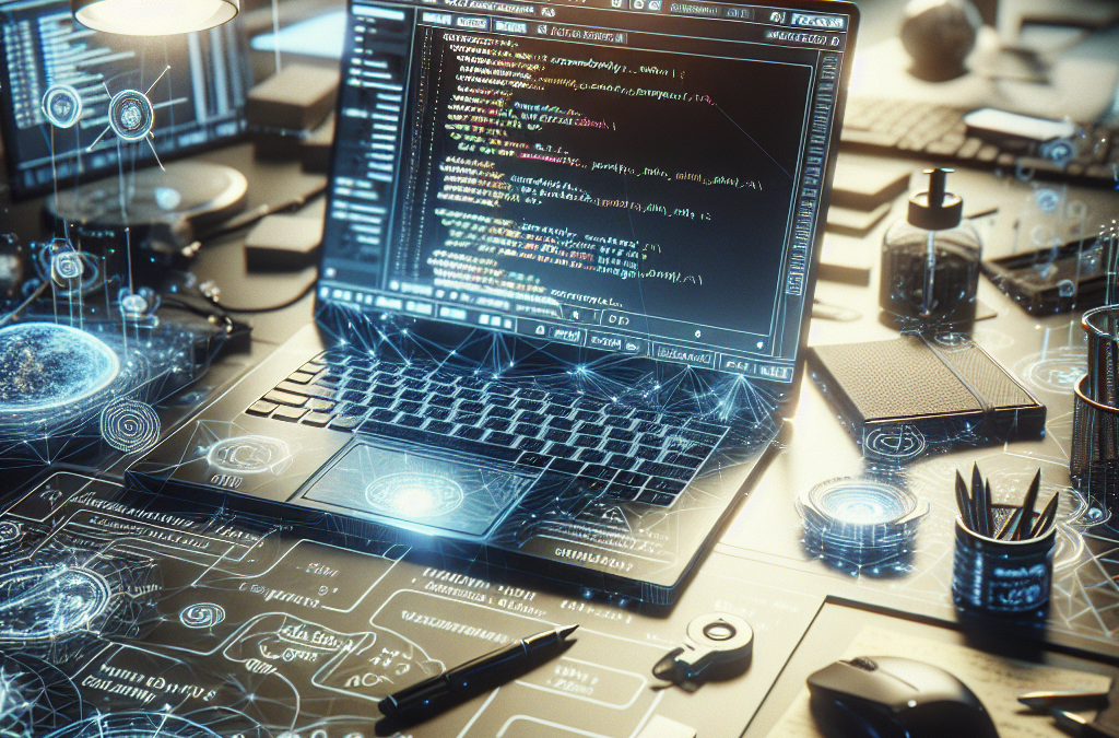 A futuristic workspace featuring a laptop with code on the screen, surrounded by digital holograms and tech gadgets on a desk.