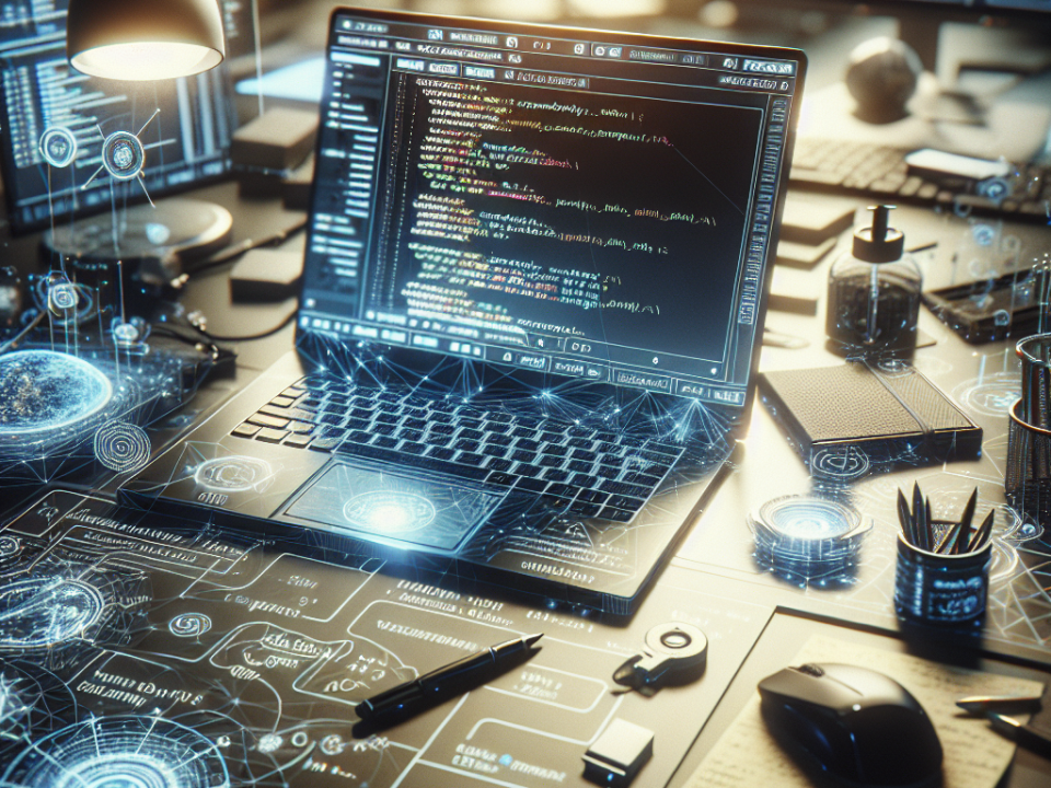 A futuristic workspace featuring a laptop with code on the screen, surrounded by digital holograms and tech gadgets on a desk.