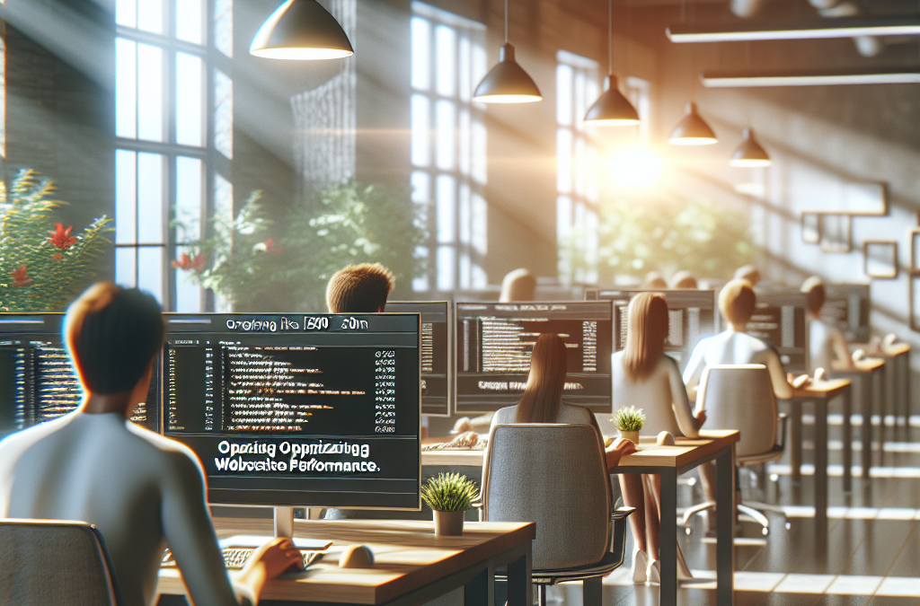 A modern office with people working on computers, displaying code on screens. Sunlight streams through large windows, creating a warm ambiance.