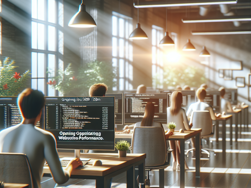 A modern office with people working on computers, displaying code on screens. Sunlight streams through large windows, creating a warm ambiance.