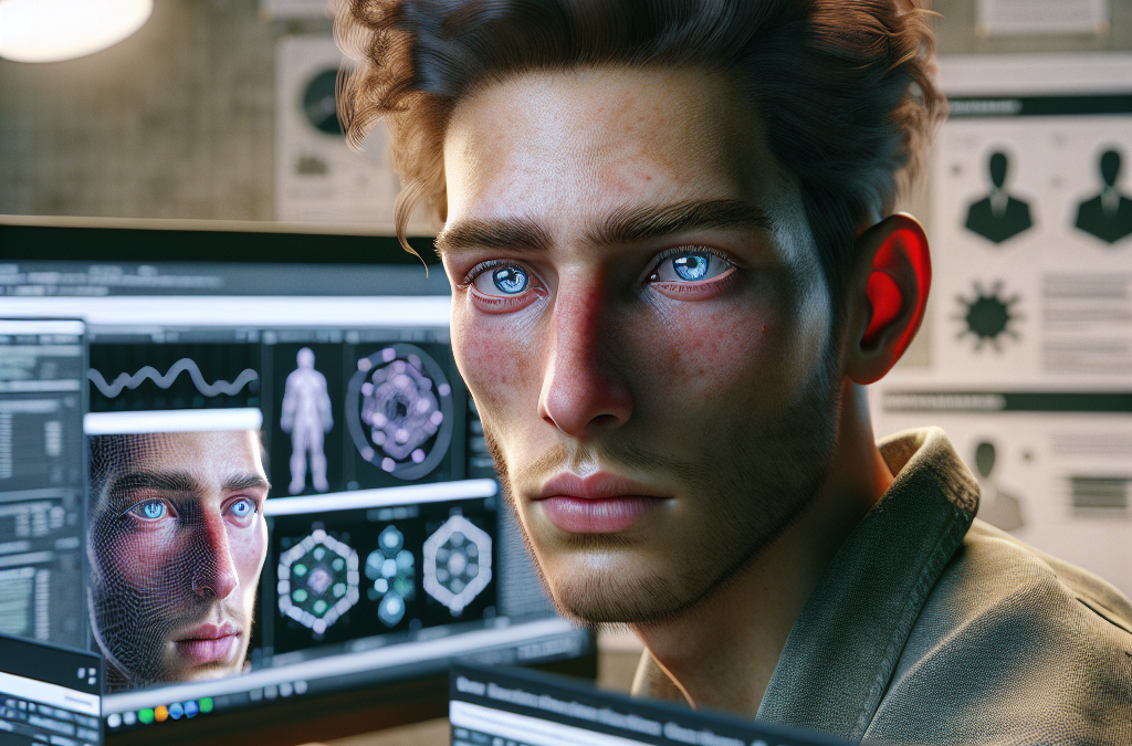 A man sits at a desk surrounded by computer monitors displaying facial recognition software and data analytics.